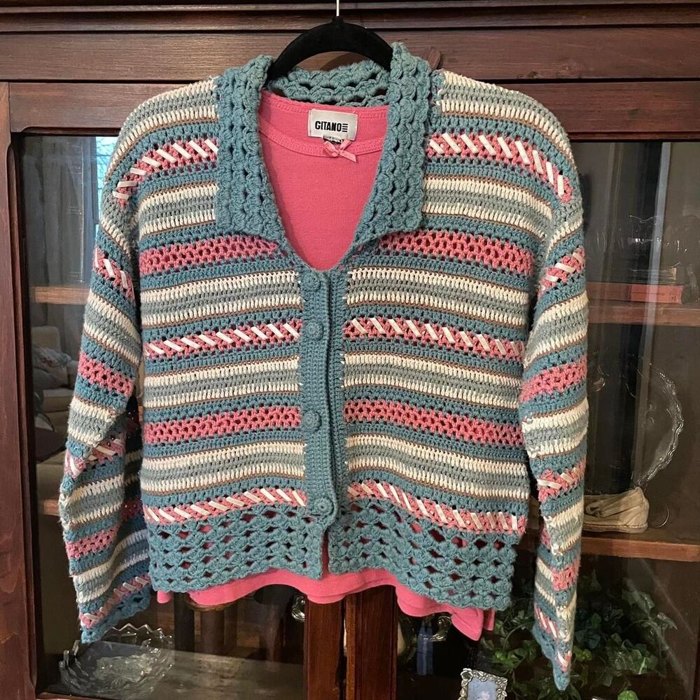 90's Pastel Crochet Cardigan Blue Pink Sweater Bundle Ribbon Dainty Cottagecore